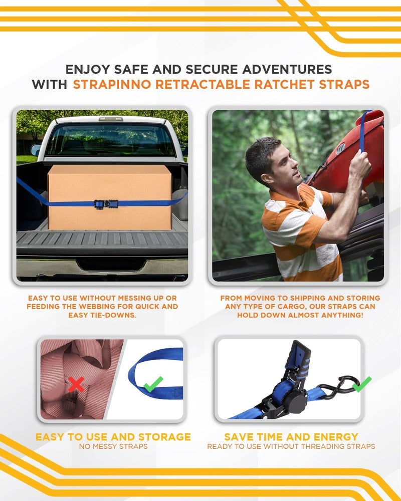 Strapinno 4 Pack Auto Retractable Ratchet Straps Bundle -1 in x 6 ft, 1500 LBS Break Strength Each, Heavy Duty Tie Down Straps for Cargo Securing, Weather Resistant Safety S-Hooks, Blue Strap - Image 5